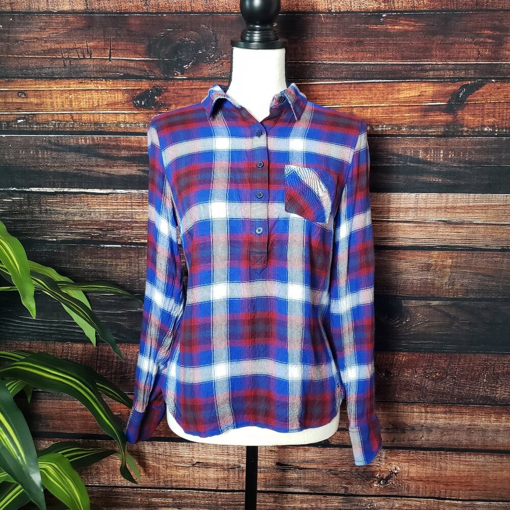 Tommy Hilfiger Soft Flannel Popover Top S Plaid Rayon Red White Blue